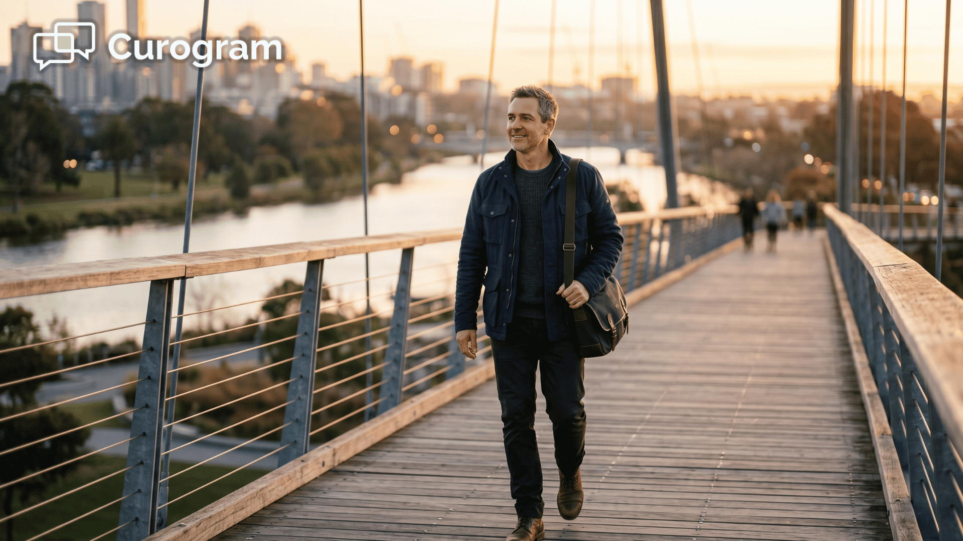 Patient walking across a bridge at sunrise, symbolizing continued psychiatry treatment