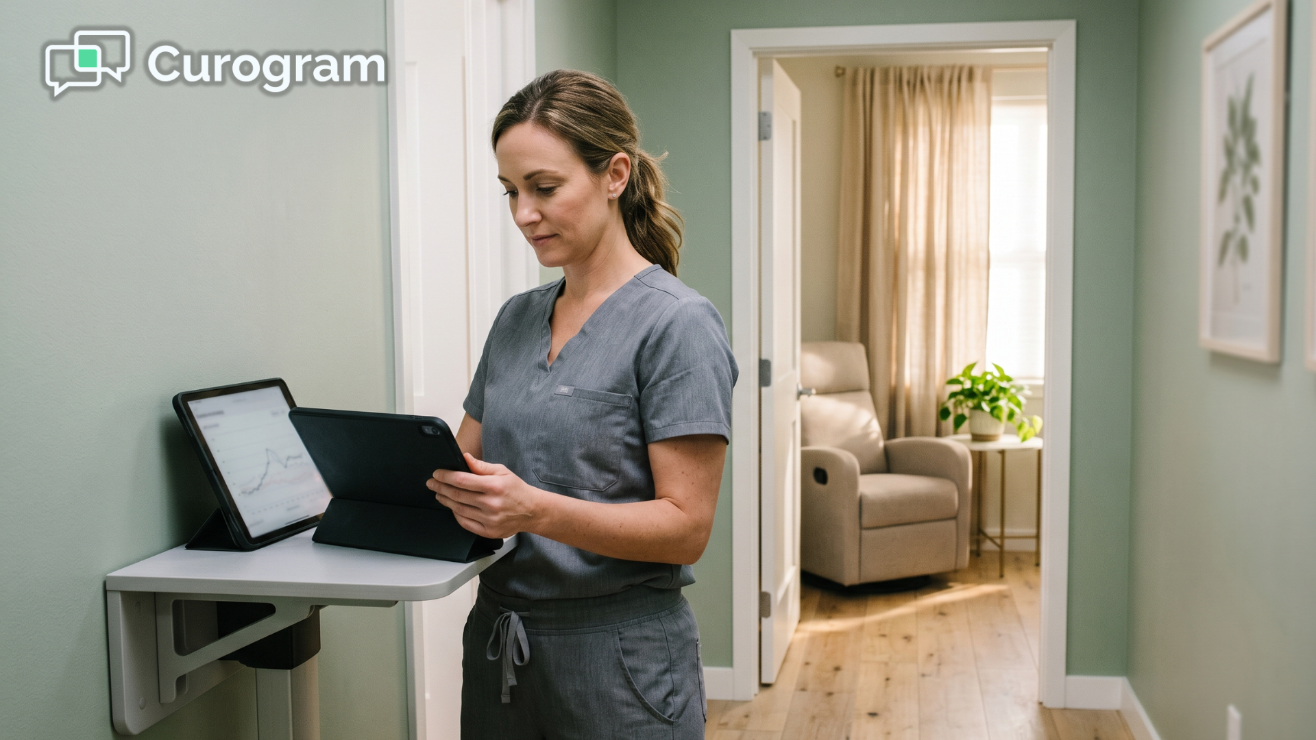 Clinician reviewing pre-visit screening data on tablet before patient's ketamine infusion appointment