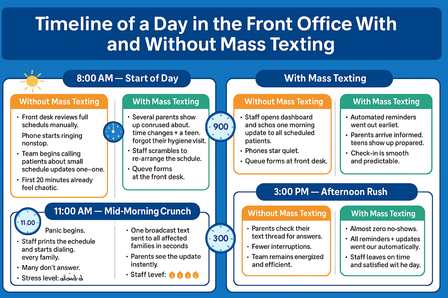 Timelines compared of manual calls versus mass texting