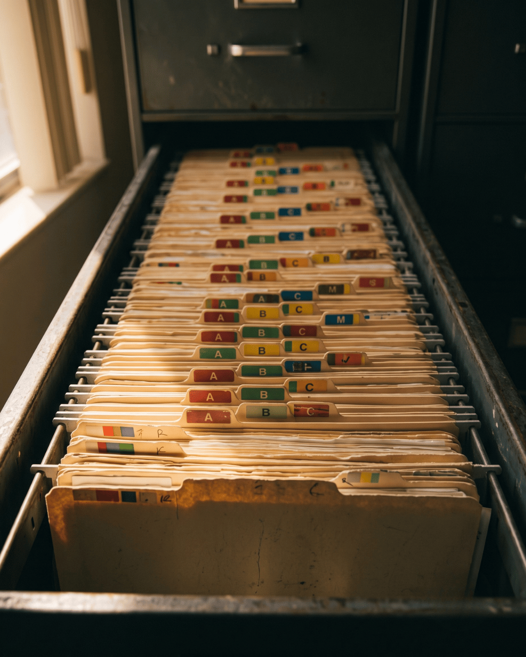 Open medical records drawer packed with color-coded chart tabs receding into shadow