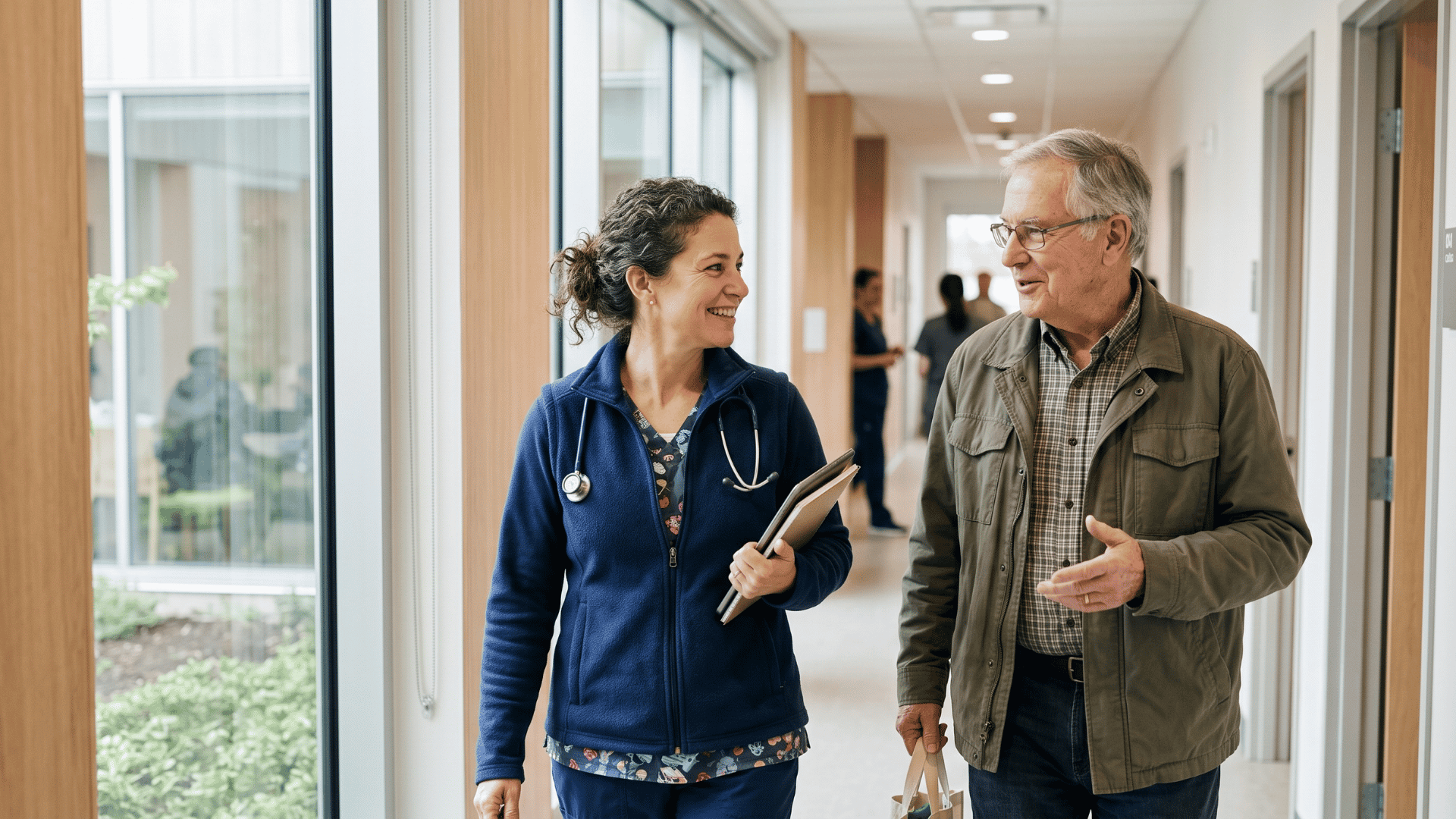 Doctor and returning patient talking during a rebooked visit in a clinic