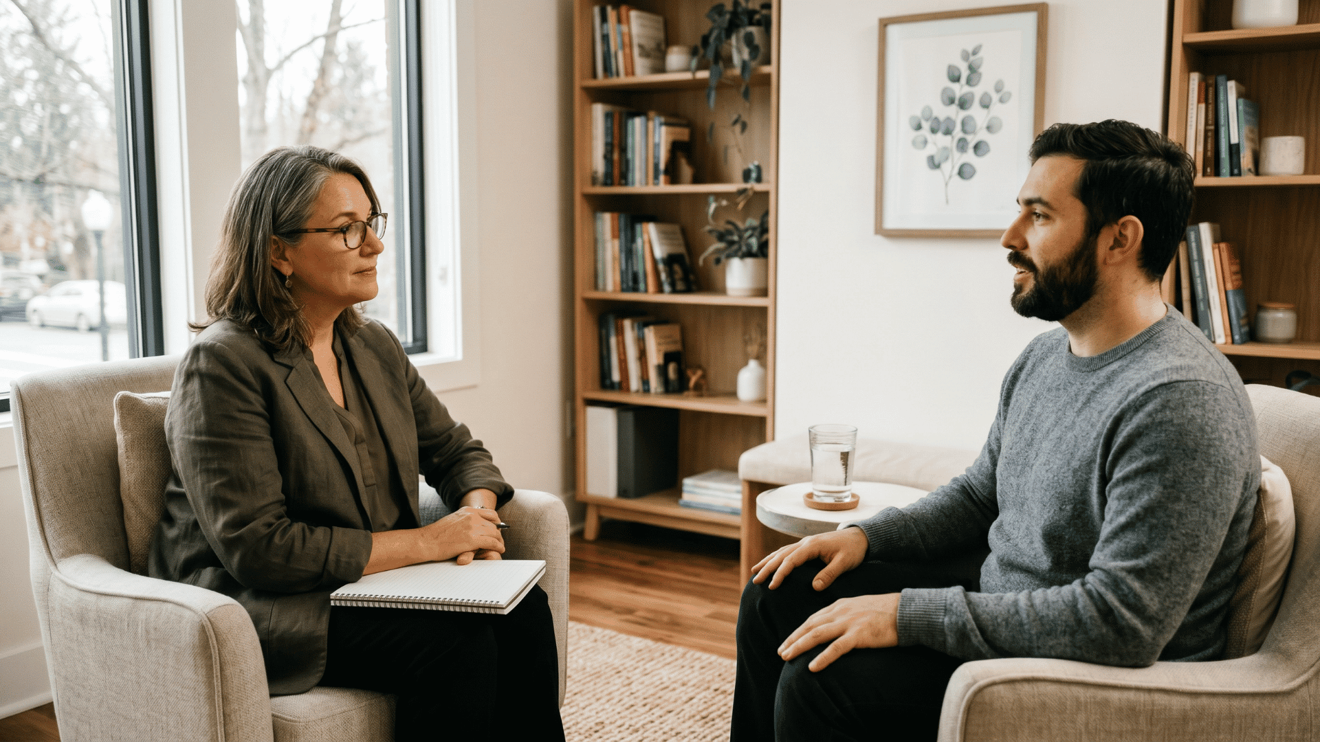 Psychiatrist in a calm consultation with a patient at an interventional psychiatry practice