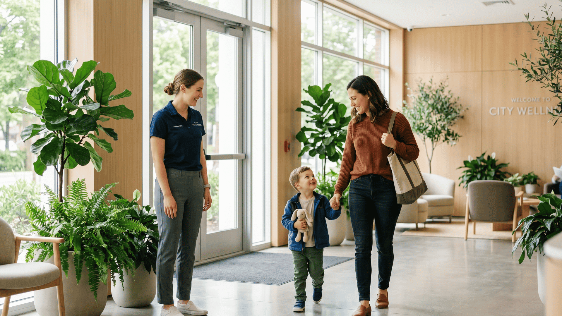 Family arriving for a confirmed appointment at a welcoming medical office