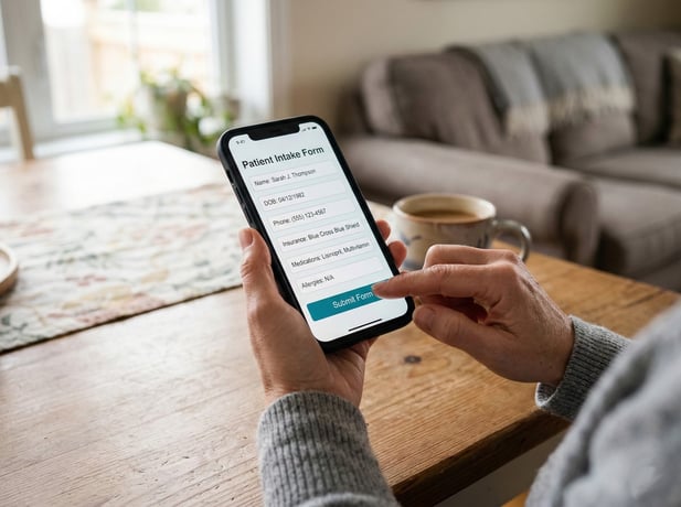 Patient submits online intake form using smartphone, showing form details