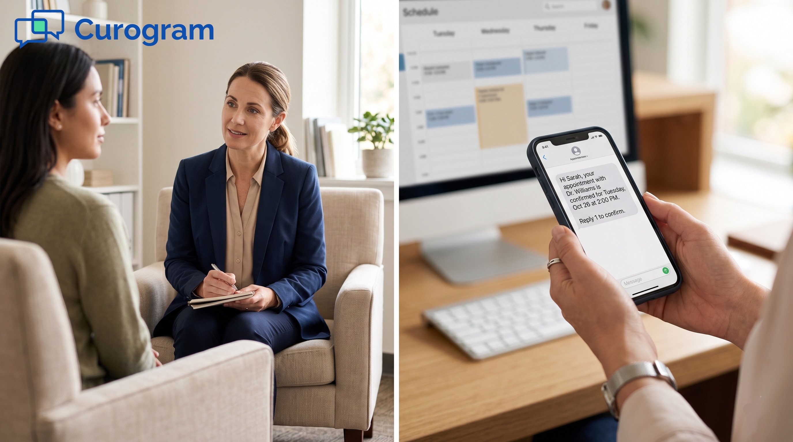 Therapist and Patient Session Next to Smartphone Appointment Confirmation Text