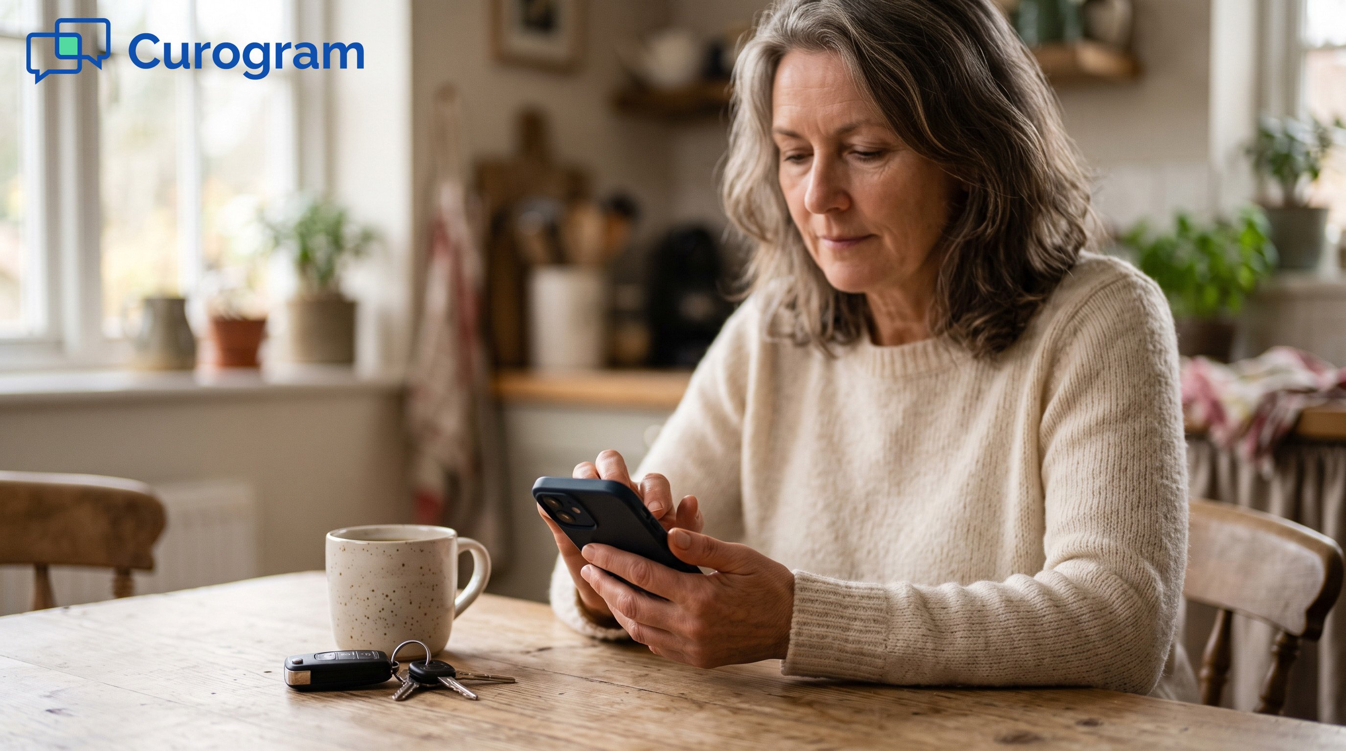 Woman at kitchen table checking her smartphone next to a coffee mug and keys