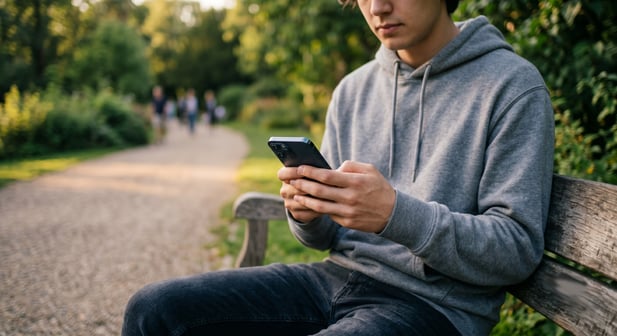 Man sitting on a park bench scrolling through his phone