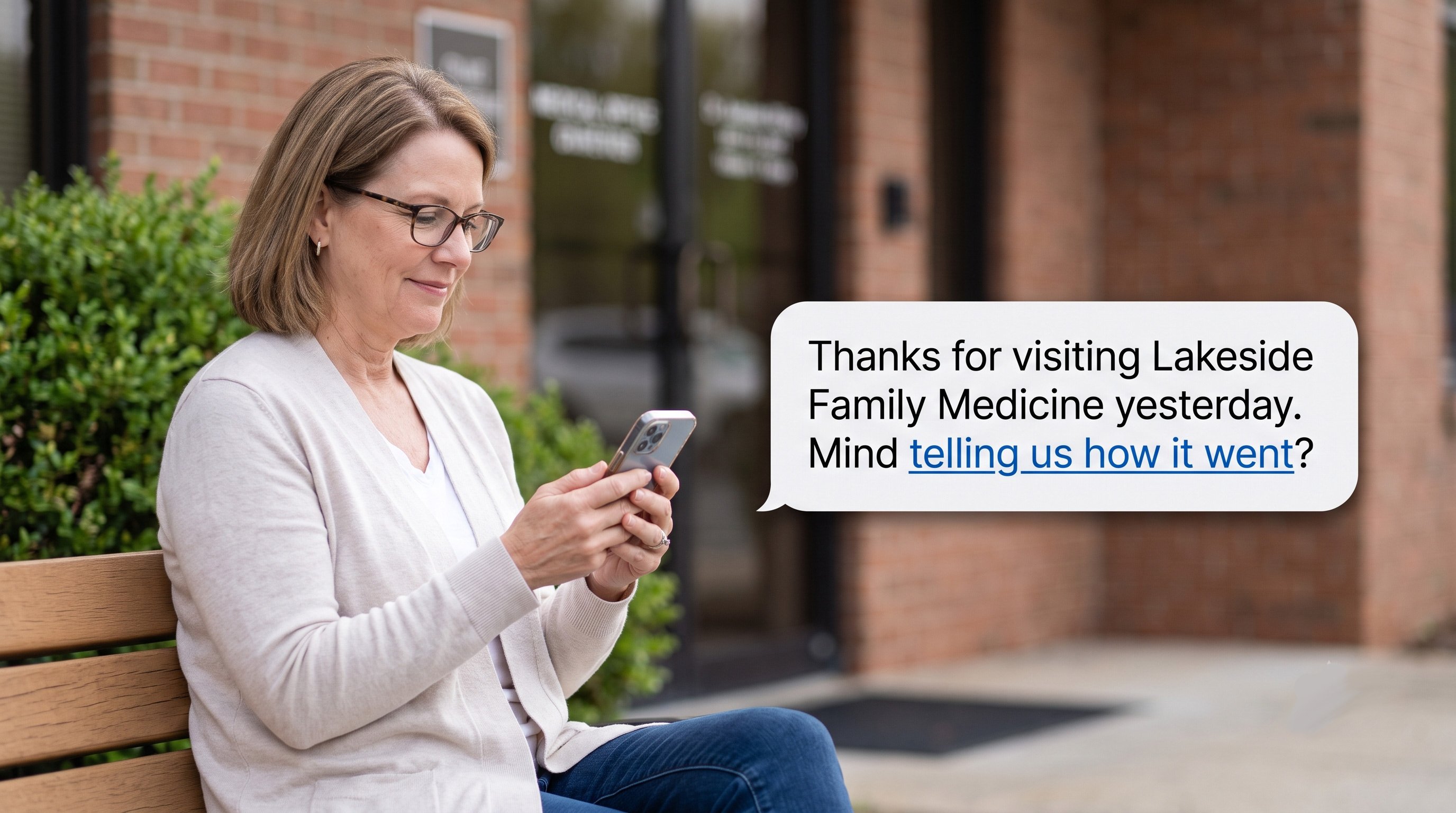 Patient reading an automated feedback text message request outside a medical clinic