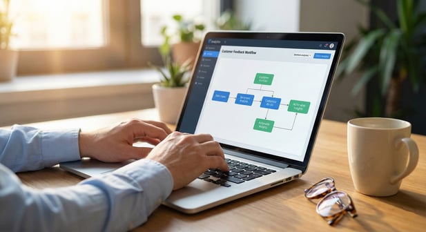 Professional managing customer feedback workflow on a laptop in a sunny office