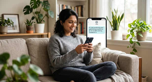 Natural photo of a patient reading an automated appointment confirmation on her smartphone screen