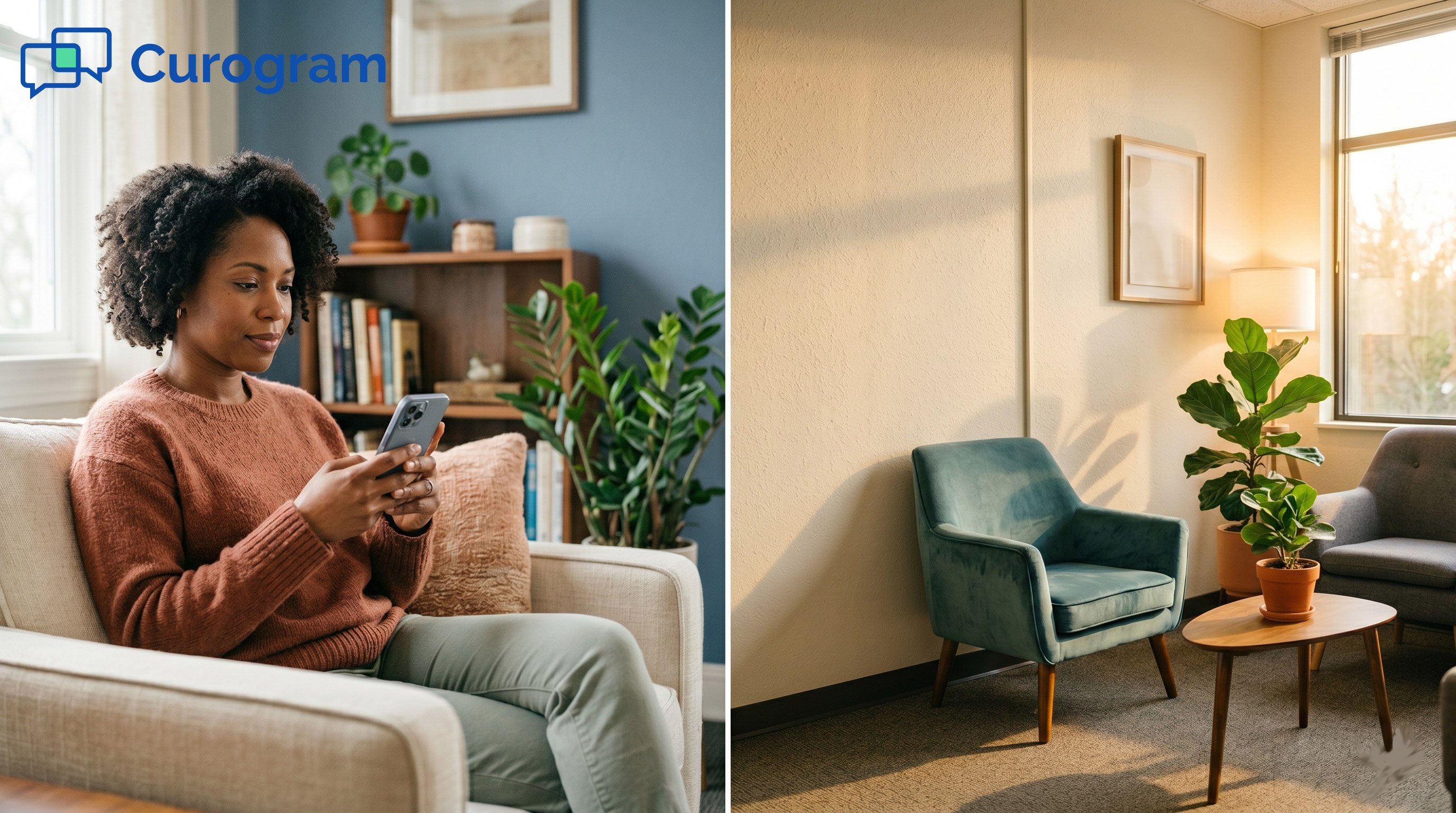 A patient reflecting at home, using a smartphone during a moment of private review