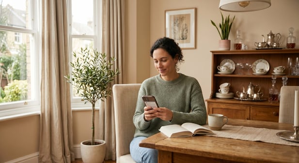 A patient at home with coffee and smartphone, reflecting during a private review session
