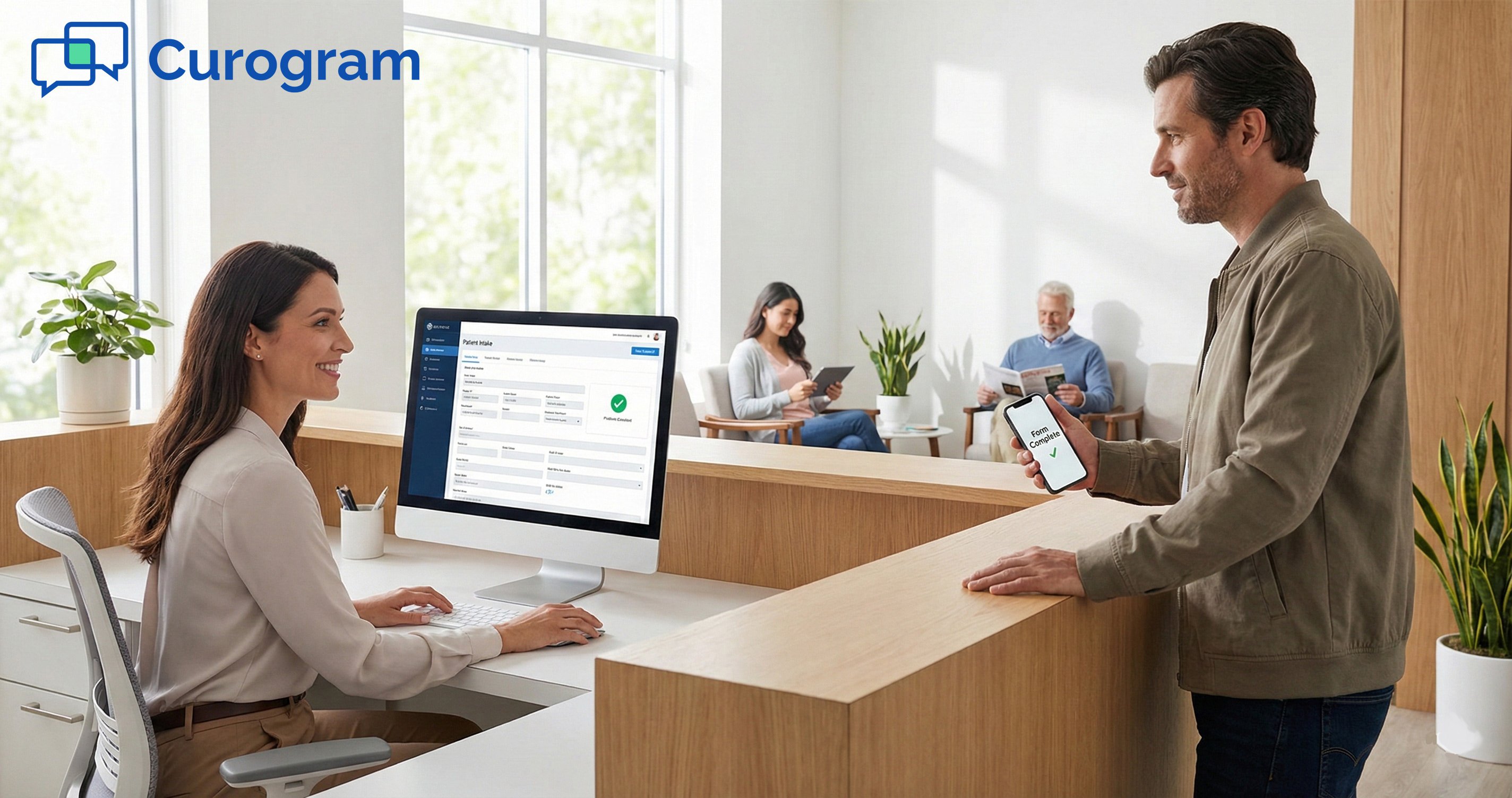 Patient using a mobile phone for efficient digital check-in at a modern clinic