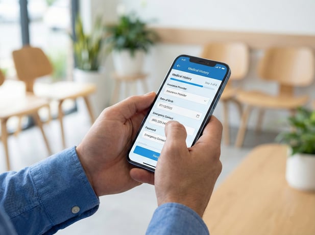 Close-up view of a patient's hands filling out a mobile digital intake form