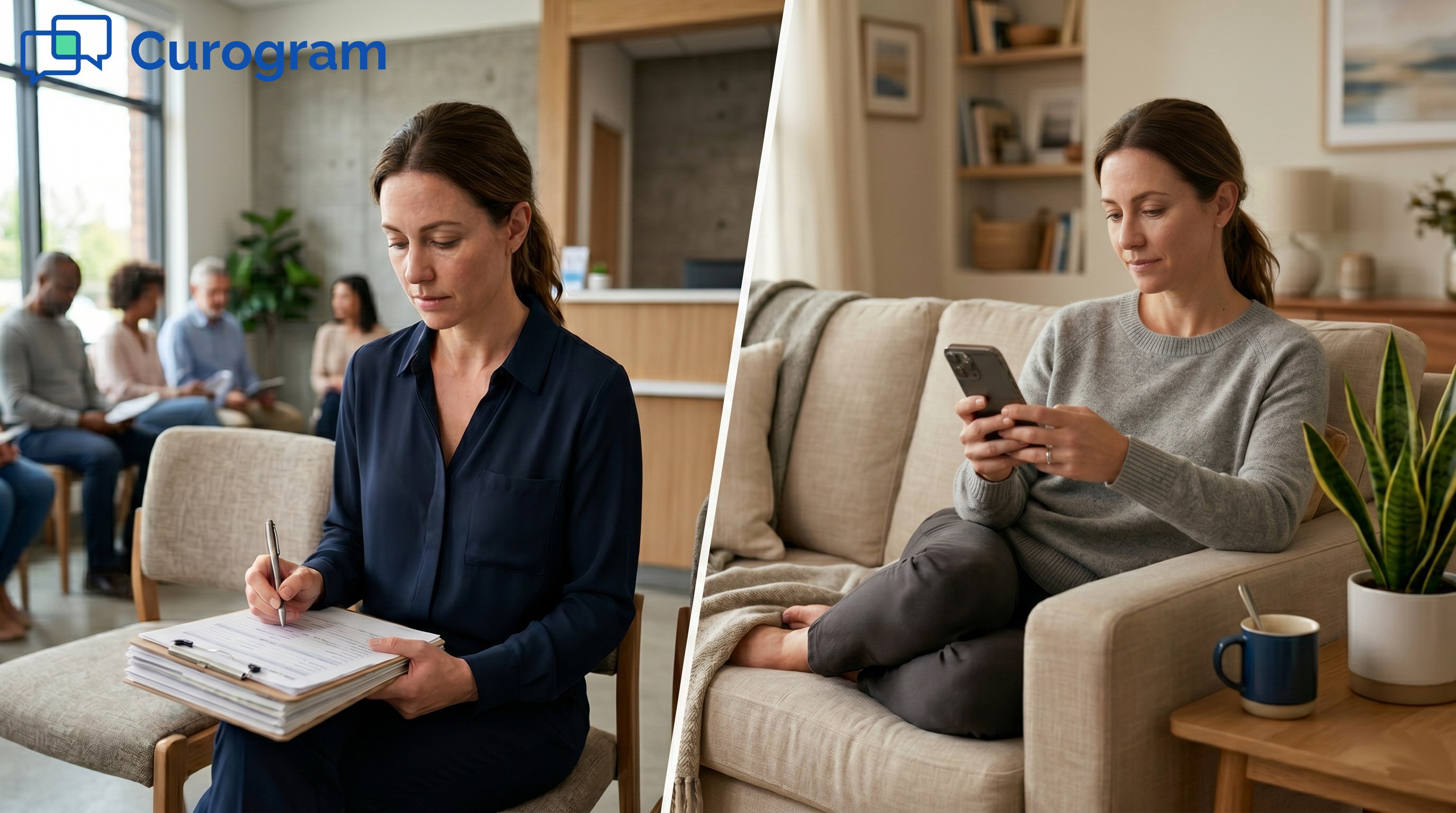 Split image of a busy clinic lobby vs. a patient checking in remotely at home