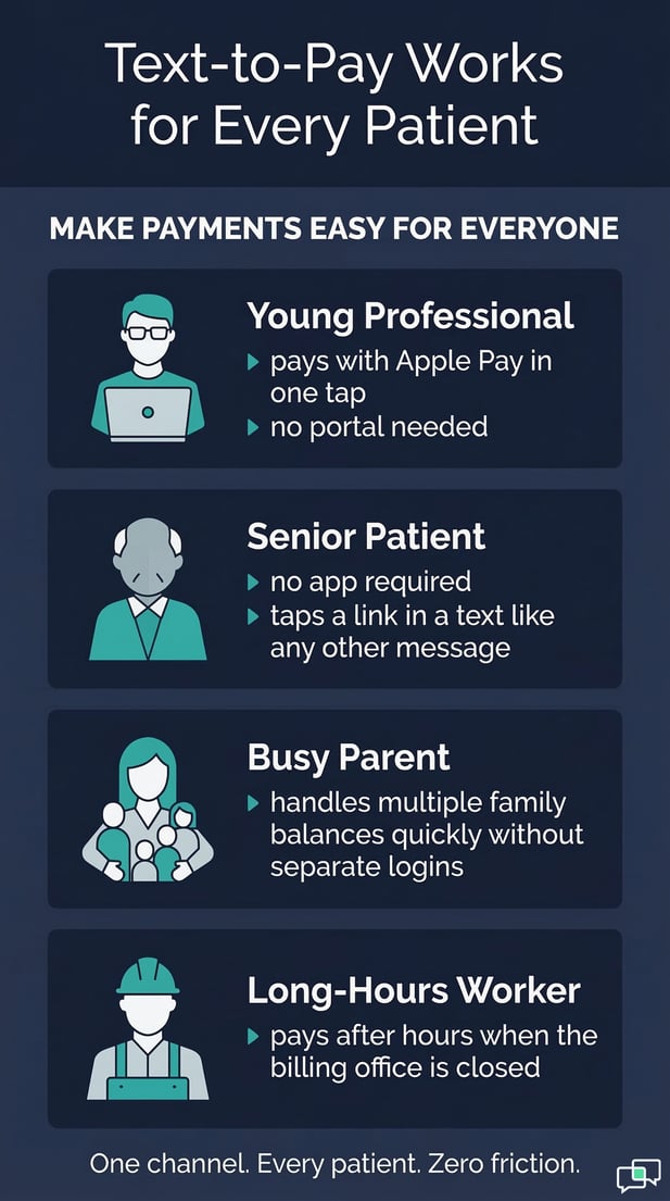 Text-to-Pay benefits for four patient types: Professional, Senior, Parent, Worker