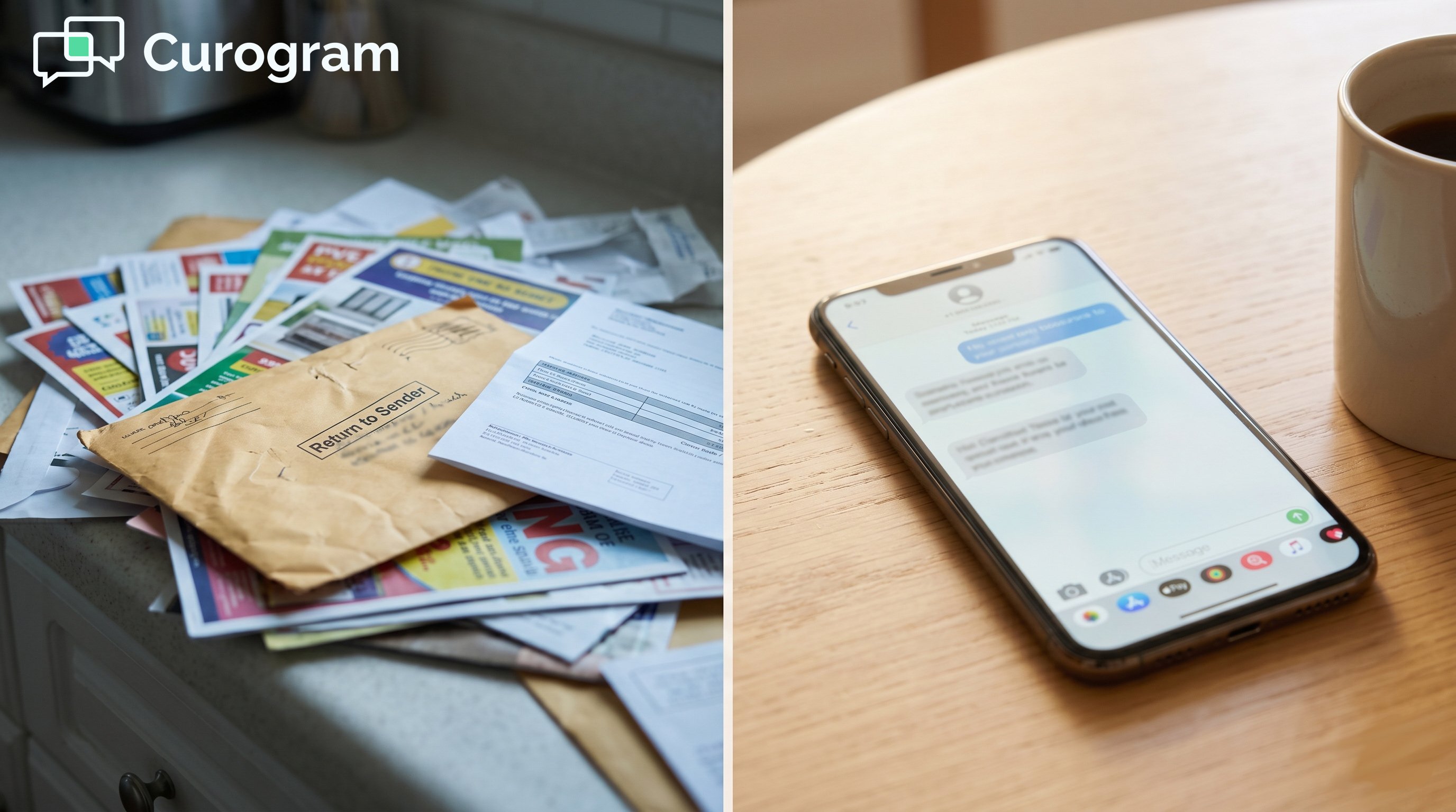 Cluttered patient paper mail versus a clean healthcare text-to-pay mobile interface