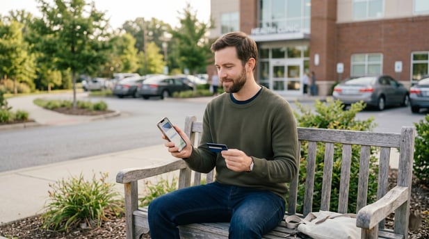 Healthcare patient makes easy text-to-pay payment using phone and credit card at clinic