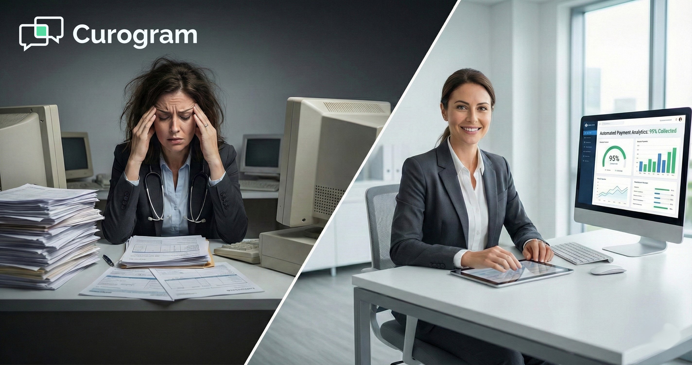 Split photo comparing stressed manual paperwork vs efficient automated payment dashboard