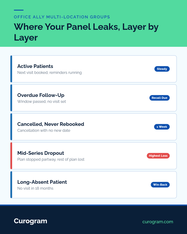 Layered cutaway of a patient panel from active patients down to long-absent patients