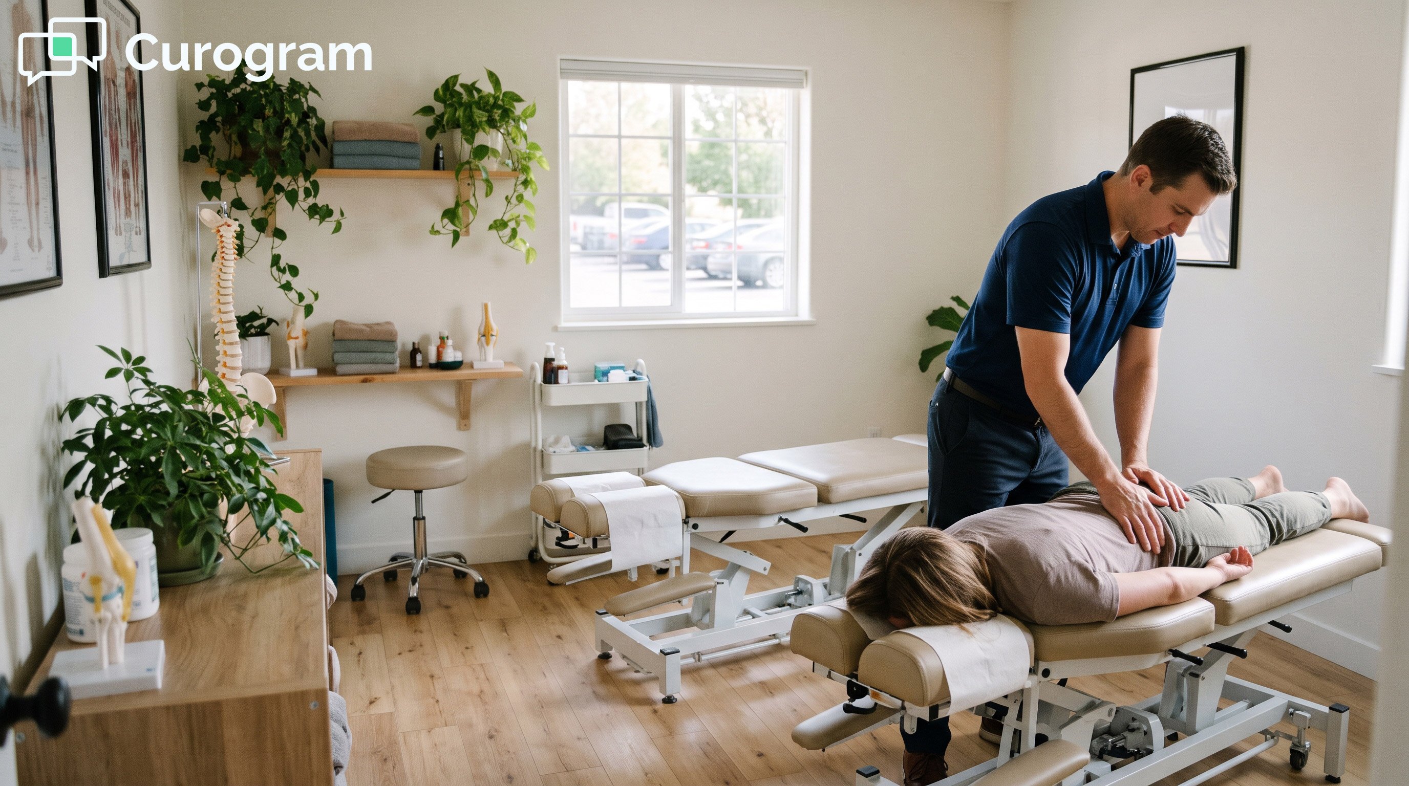 A chiropractor treats a patient while a second adjustment table sits ready for the next visit