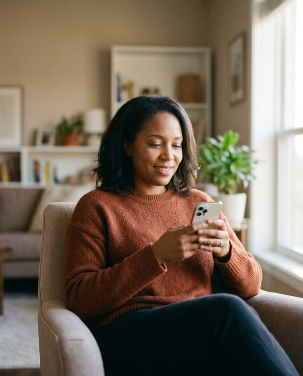 A diverse woman relaxed at home looking at her smartphone