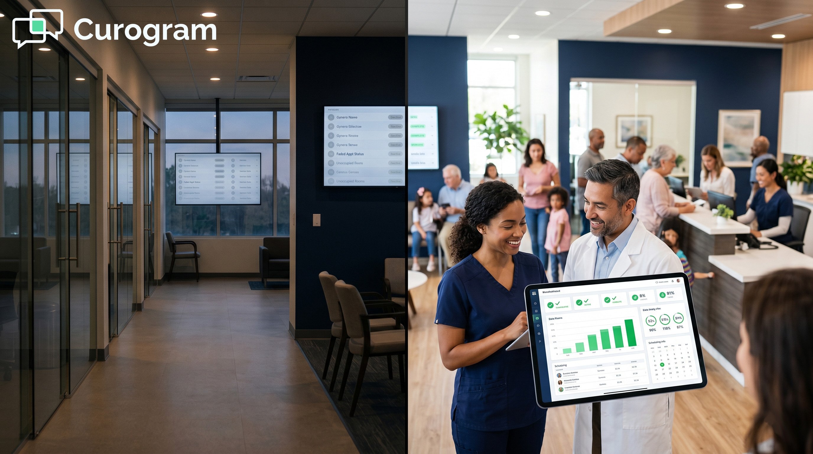 Split image of an empty medical clinic vs a full clinic, with patients and employees happy