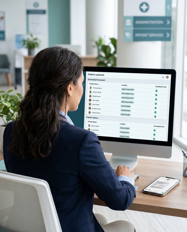 Medical officer on the computer checking list of patients