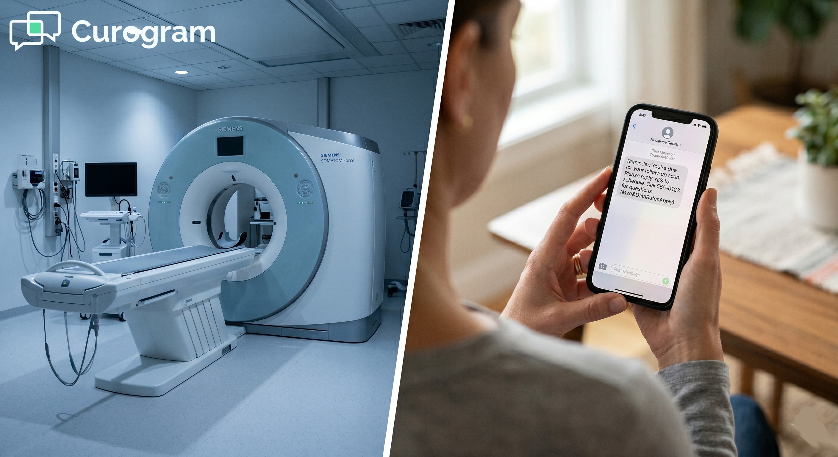 A split view: A CT scanner in a clinic next to a patient receiving an SMS recall reminder