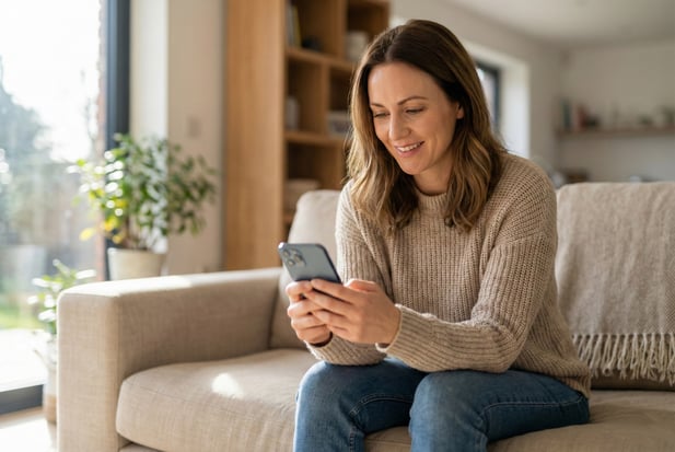 Smiling patient conveniently engaging with a healthcare mobile text message at home