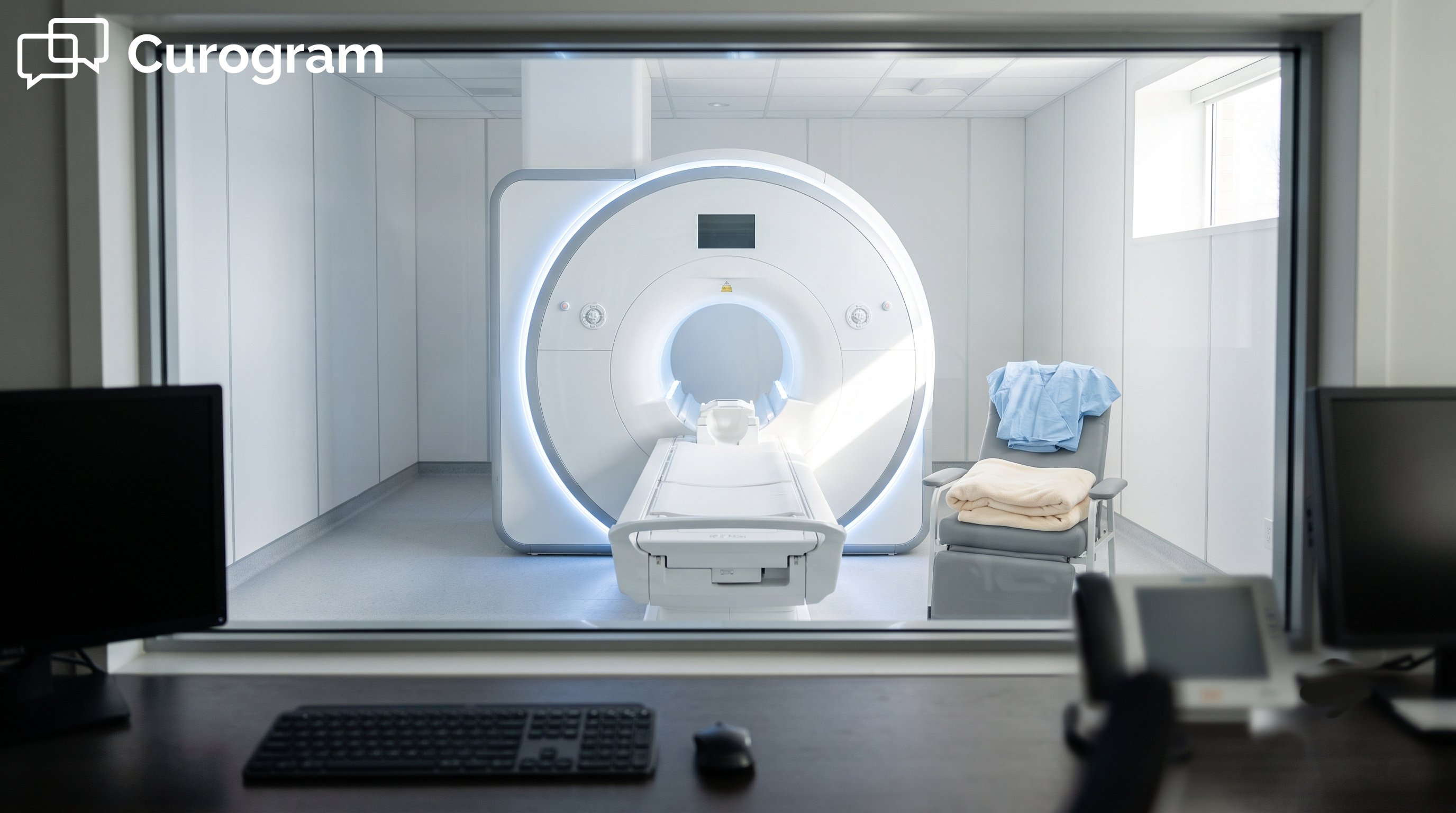 Clean, empty MRI scanner room viewed from technologist control room