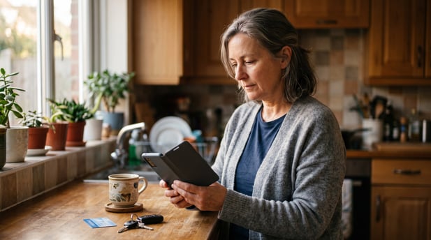 Woman checking health insurance details on her phone at home