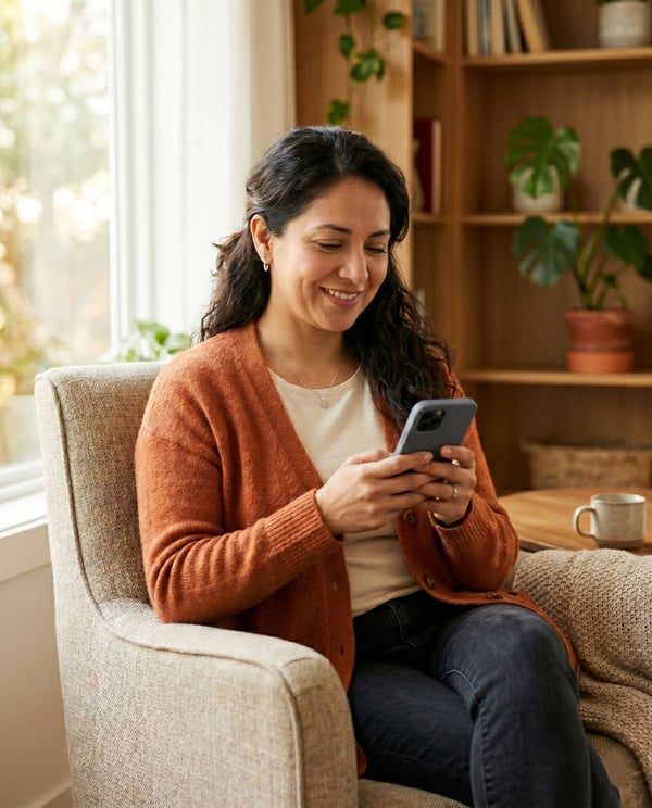 Patient sitting in cozy armchair, smiling, and holding her smartphone with natural light