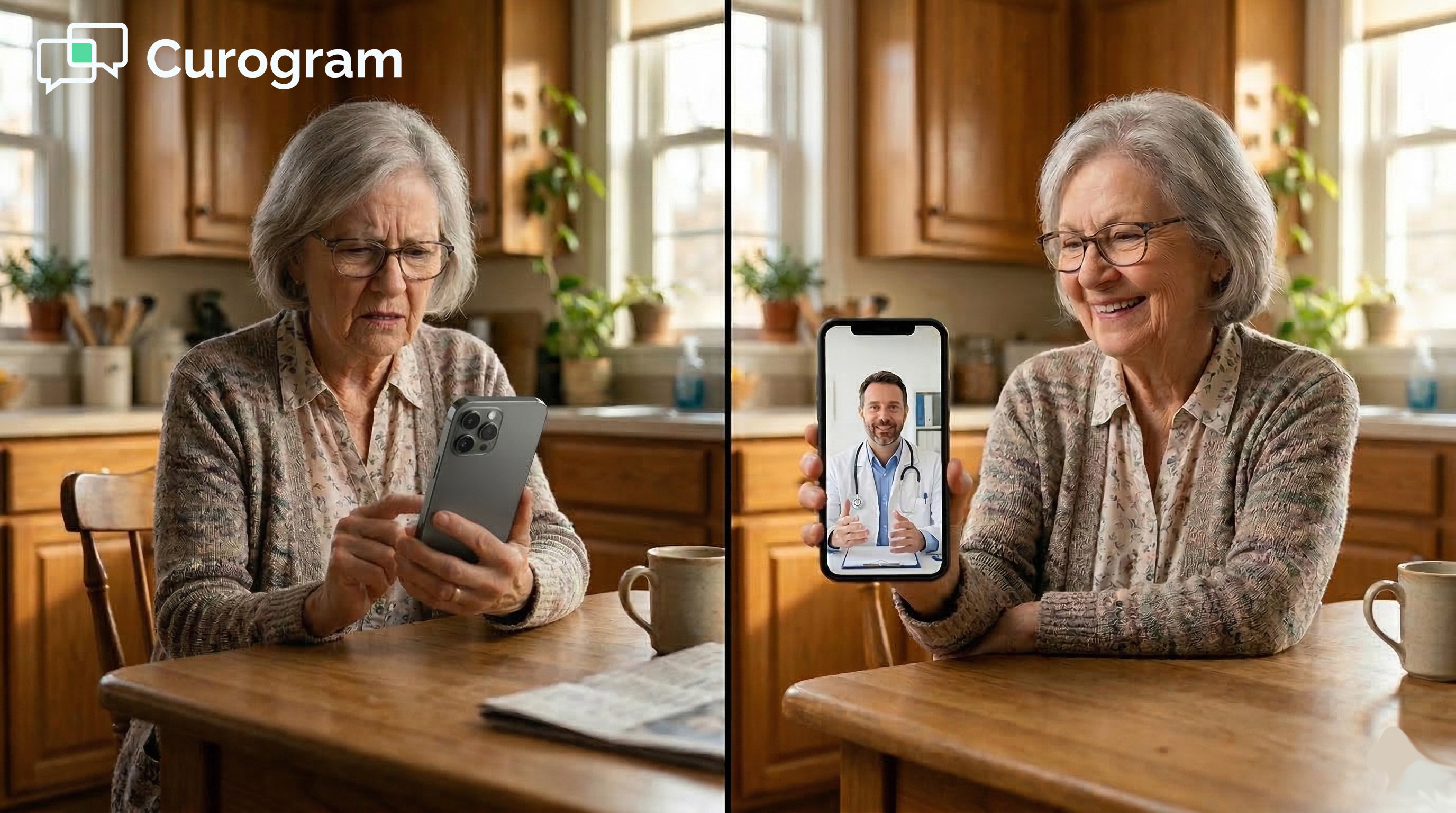 Elderly woman navigates complex app icons vs. a direct doctor video call screen