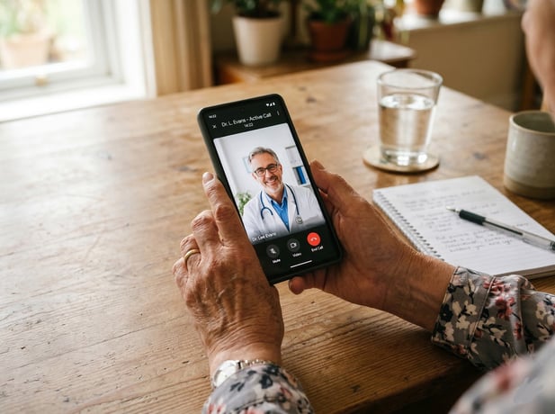 Senior woman's hands holding a smartphone displaying a successful telehealth video call with a doctor