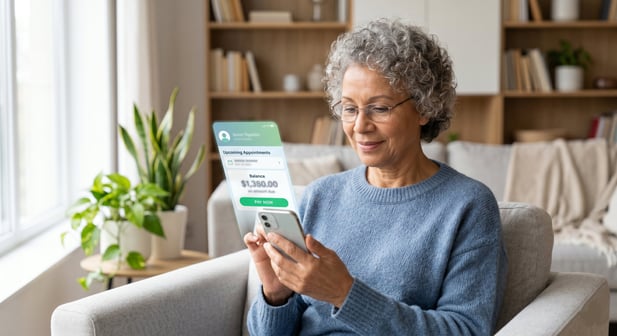 Patient using smartphone to view clear medical bill balance and secure "PAY NOW" button