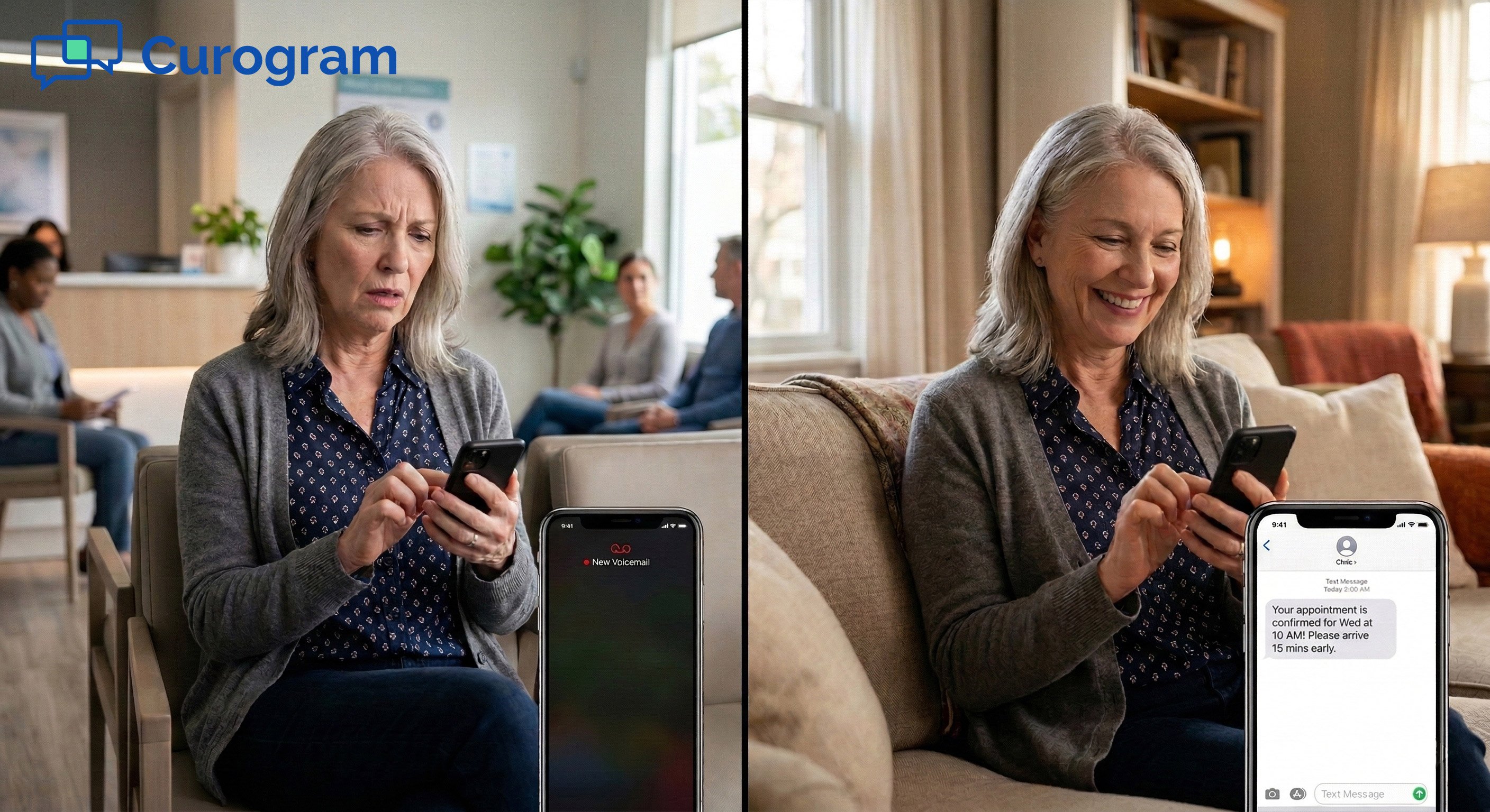 Senior woman smiling, confirming medical clinic appointment with a single text on her phone
