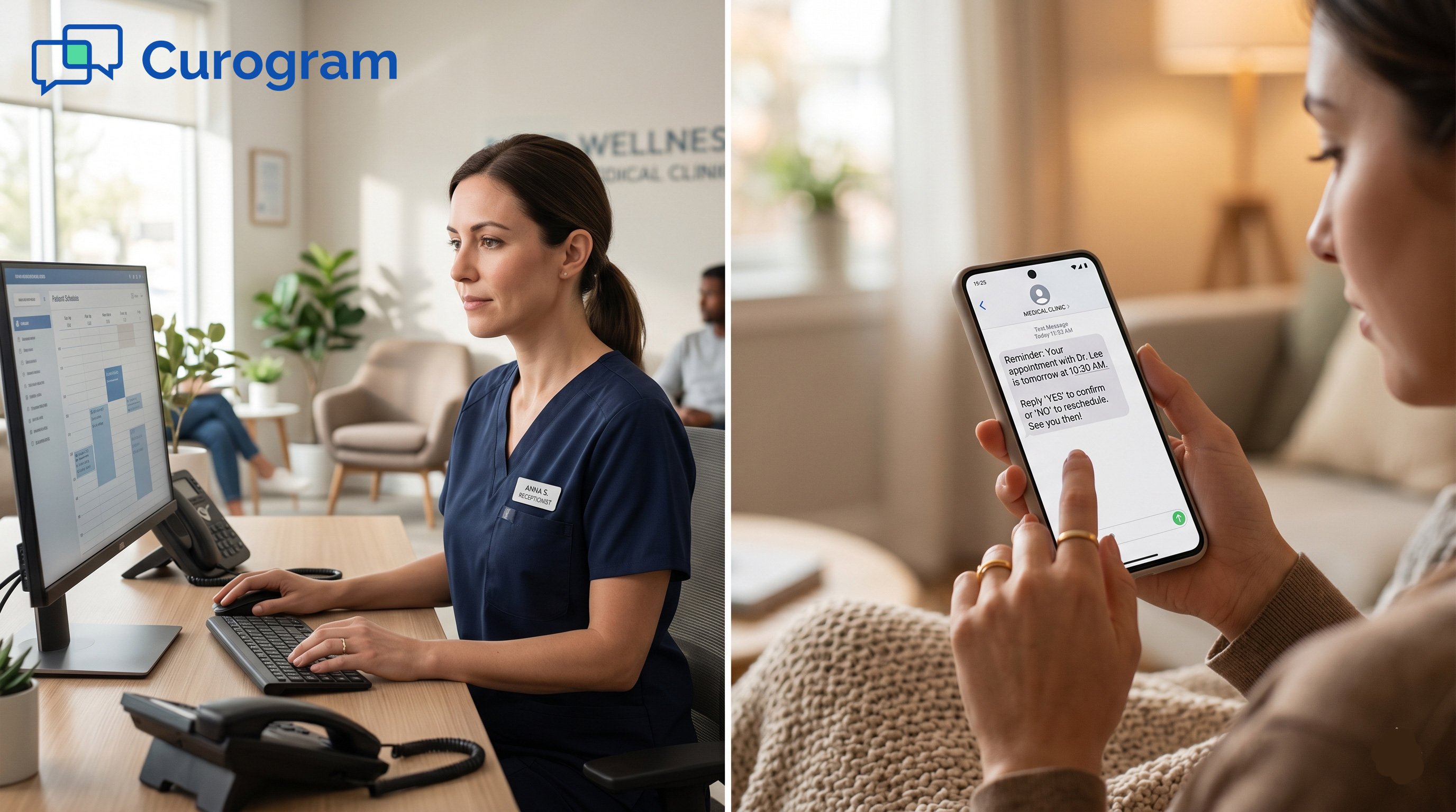 Medical receptionist at computer, and a patient reading an SMS reminder on a phone