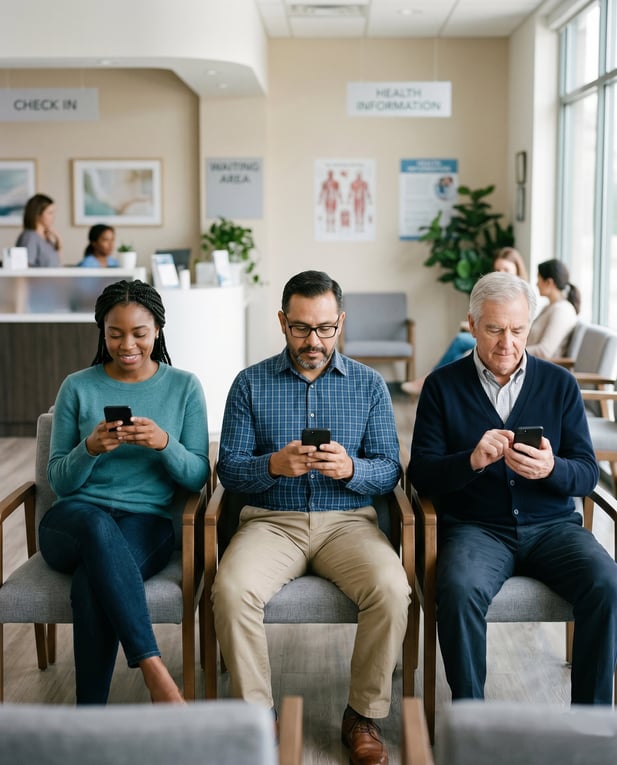 Three diverse patients reading text messages in a bright medical waiting room
