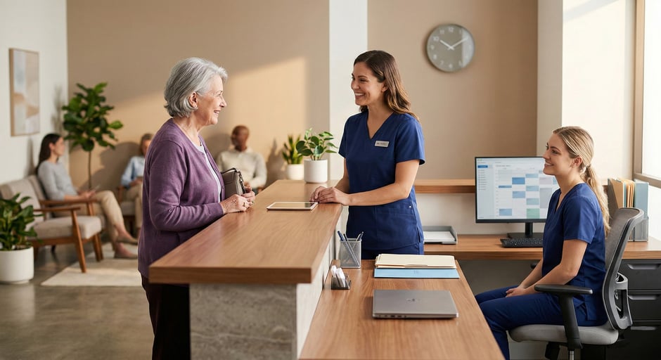 Senior patient checking in at a friendly medical clinic reception desk