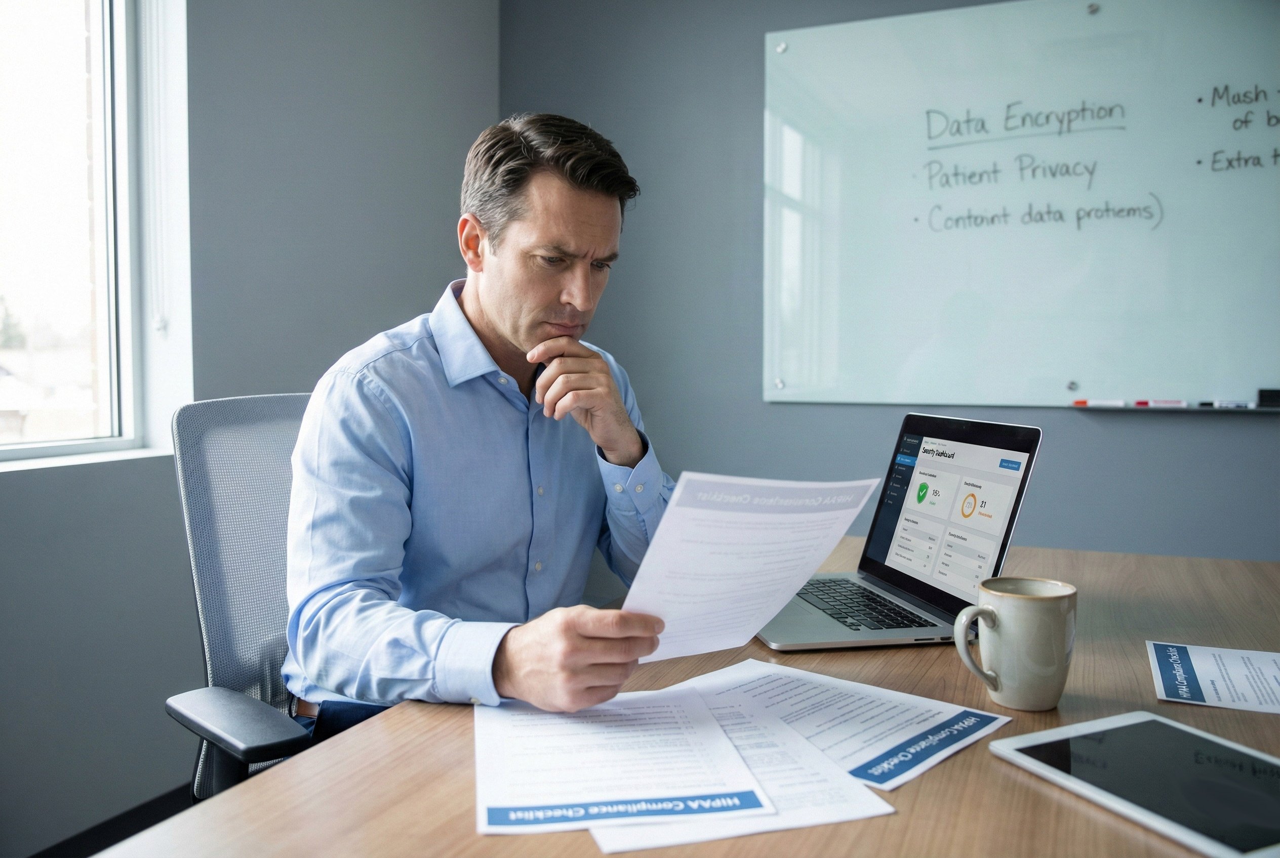 Healthcare administrator reviewing HIPAA compliance and data security for patient messaging