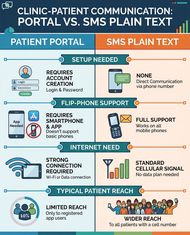Infographic comparing patient portal vs plain text messaging for clinic reach
