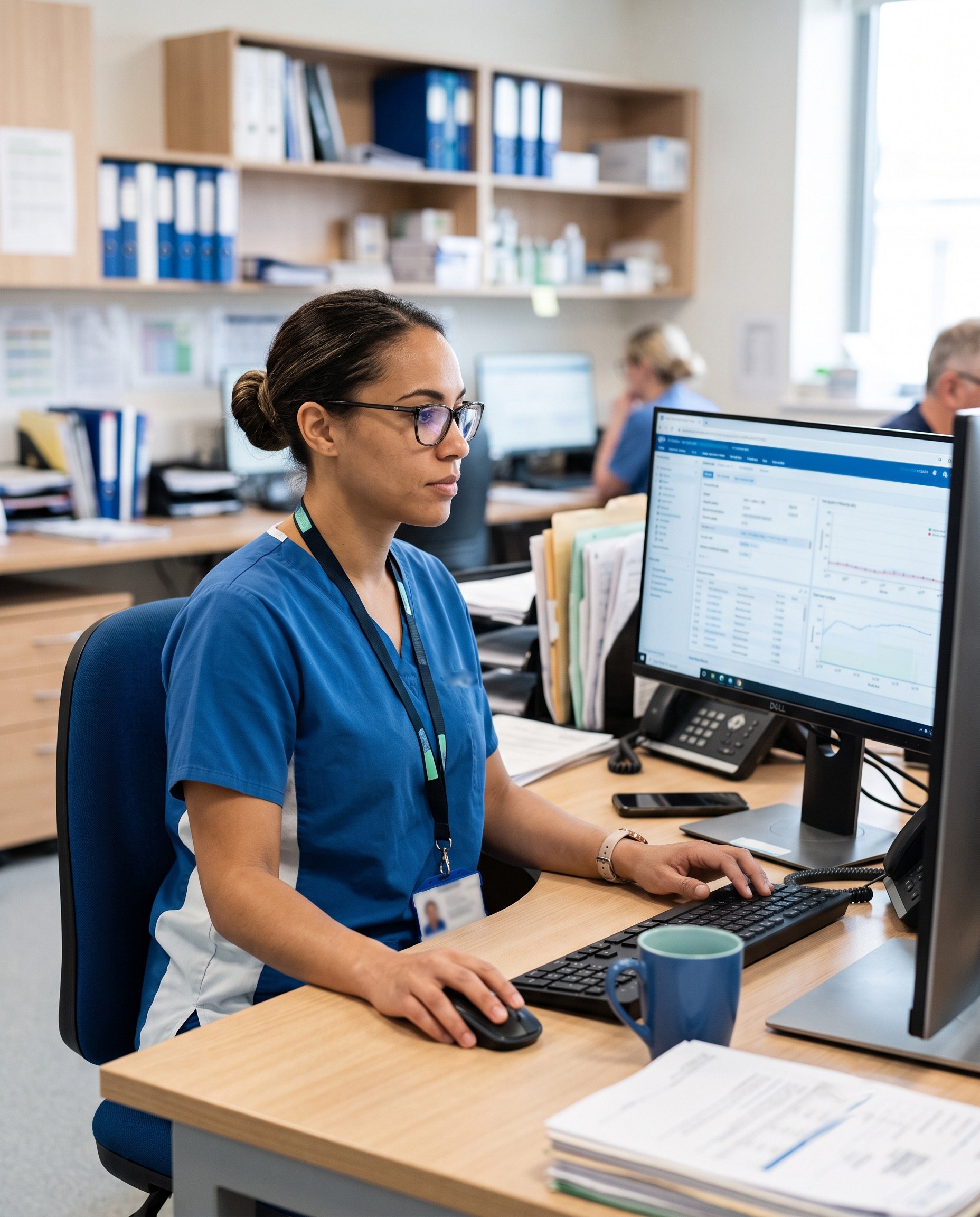 Female healthcare professional working on a computer in a clinic