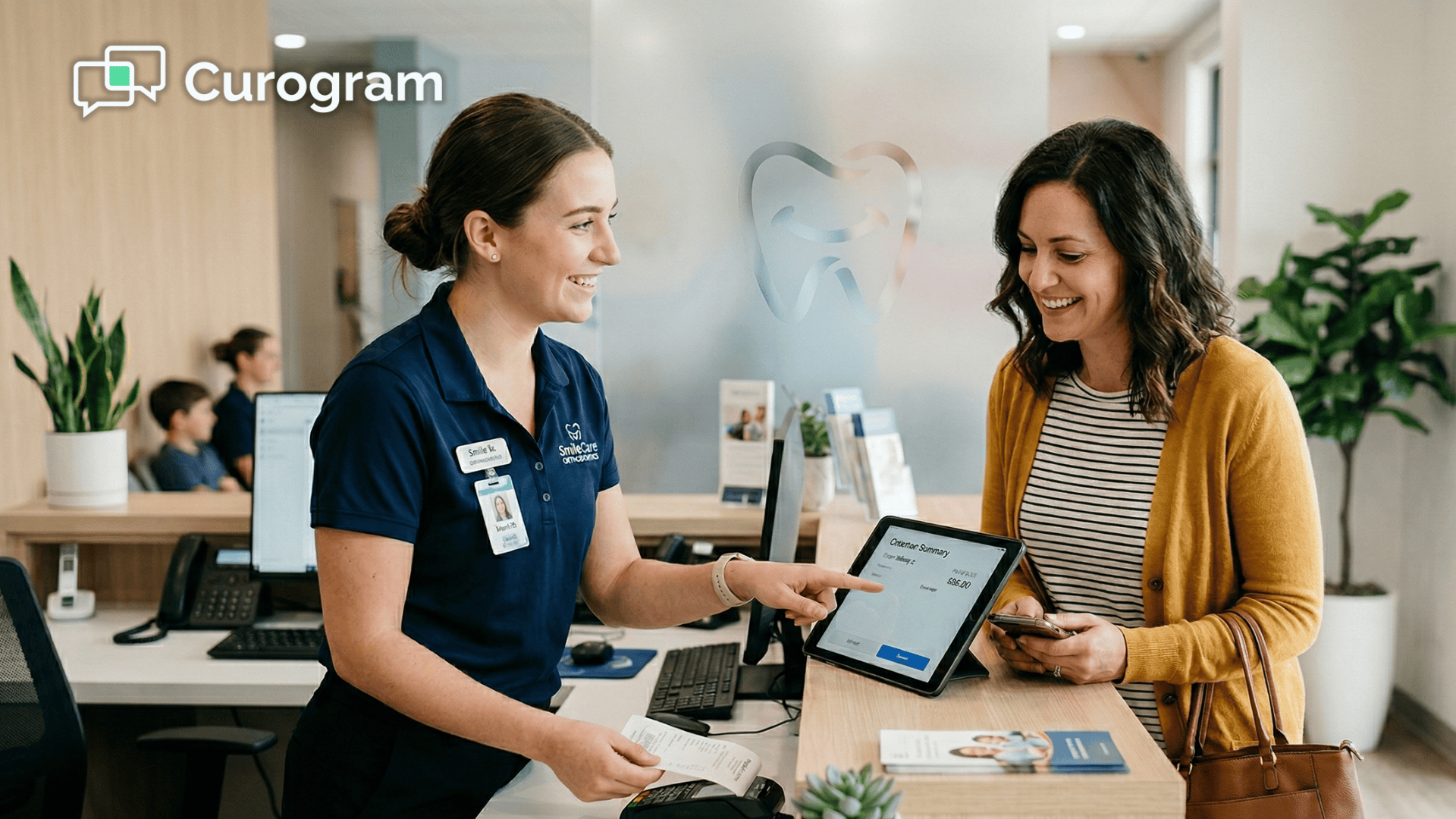 Mom paying Cloud 9 orthodontic balance by text at kitchen counter