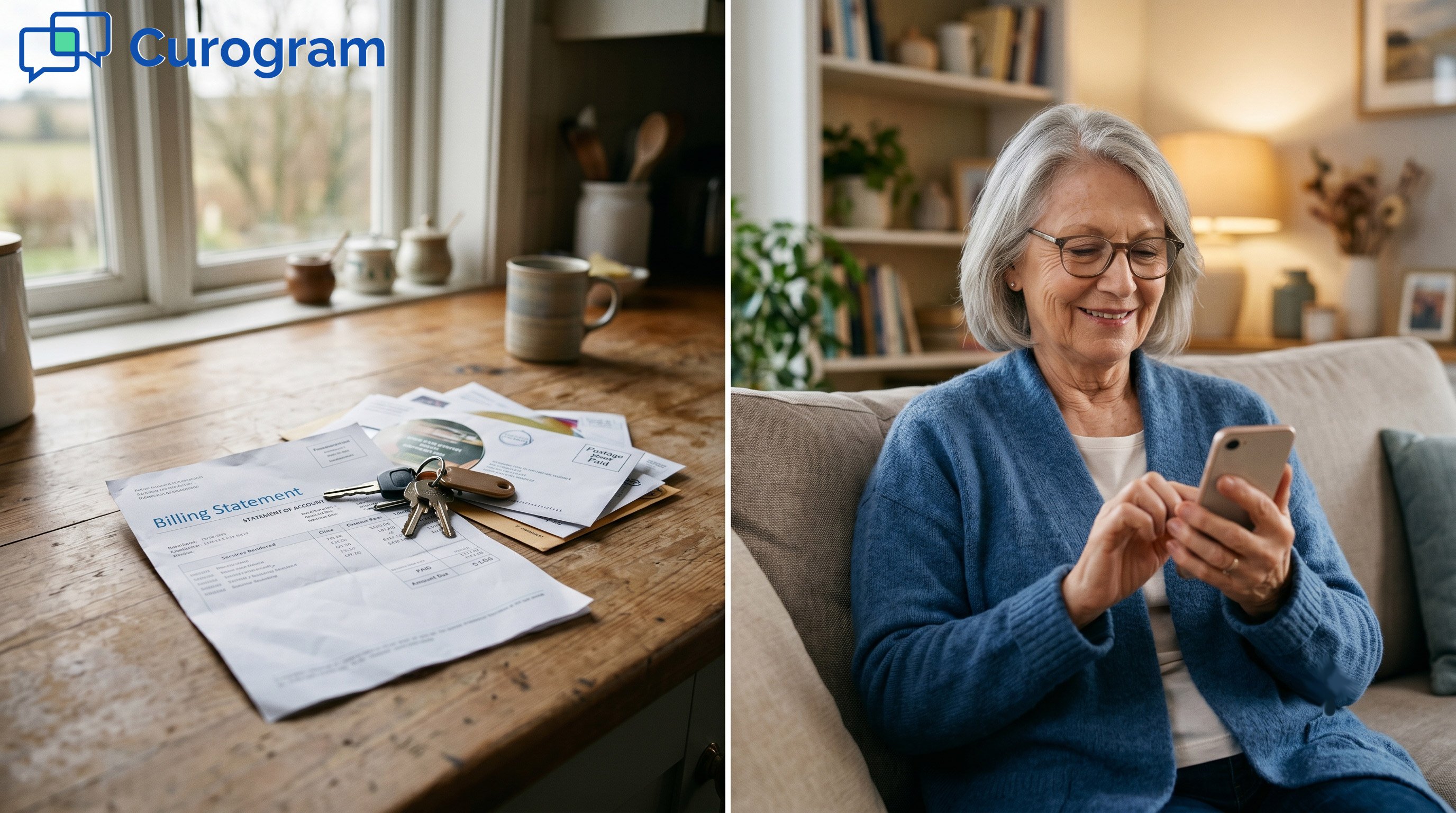 Split photo of bills on a table and a woman in a living room paying a medical bill on her smartphone