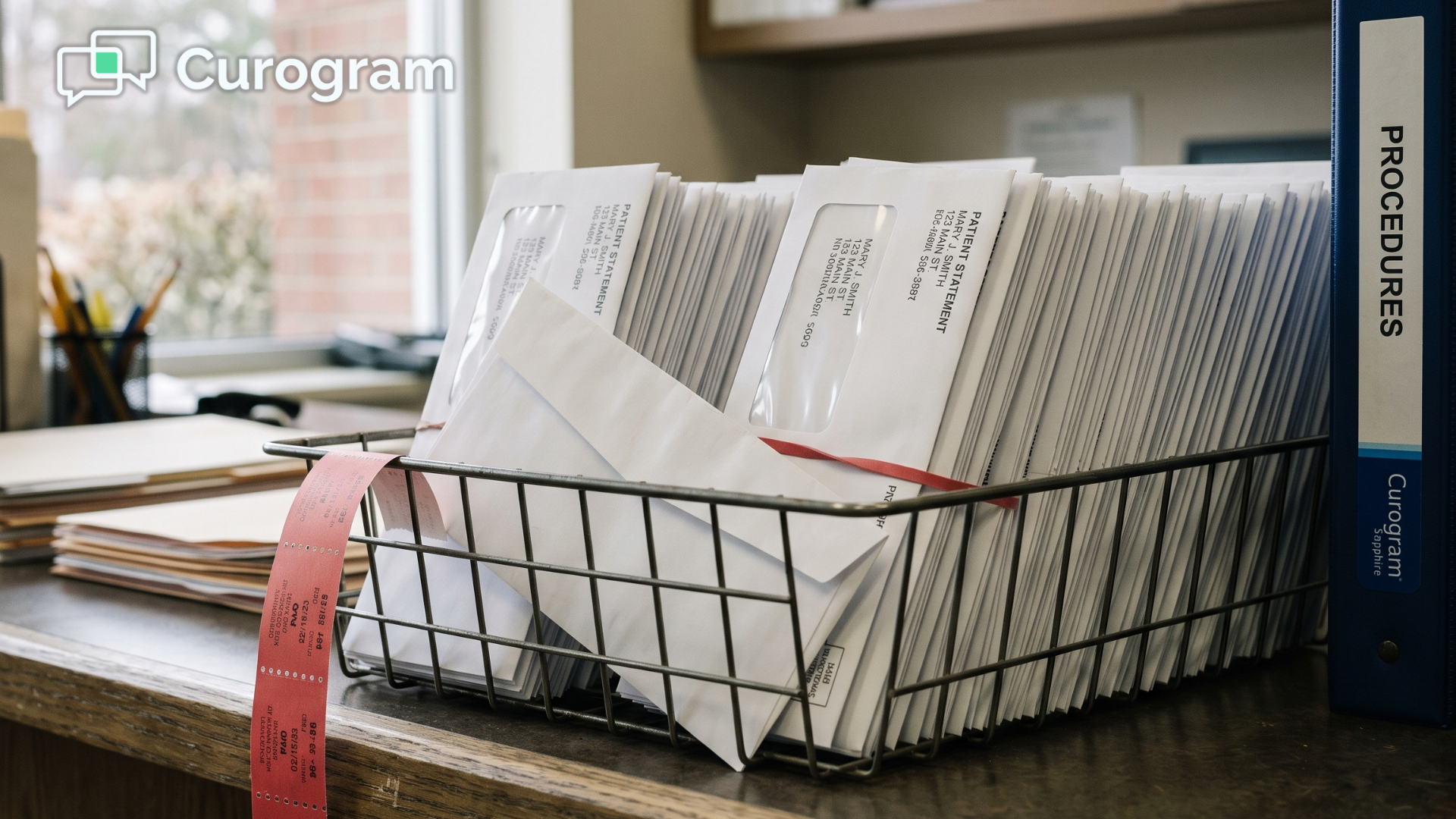 Tray of sealed patient statement envelopes ready for a practice monthly statement run