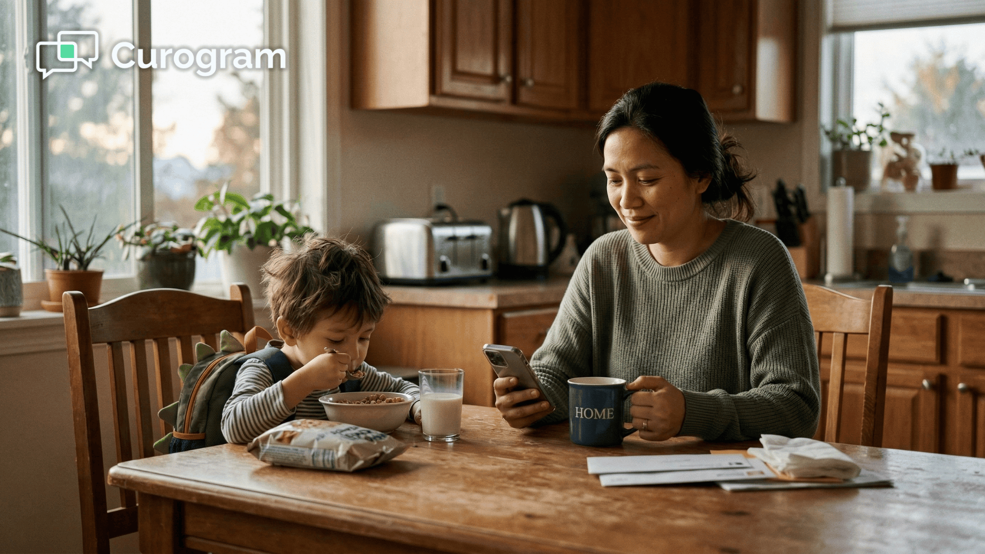 Mother receives pediatric clinic emergency alert on phone before leaving home with child