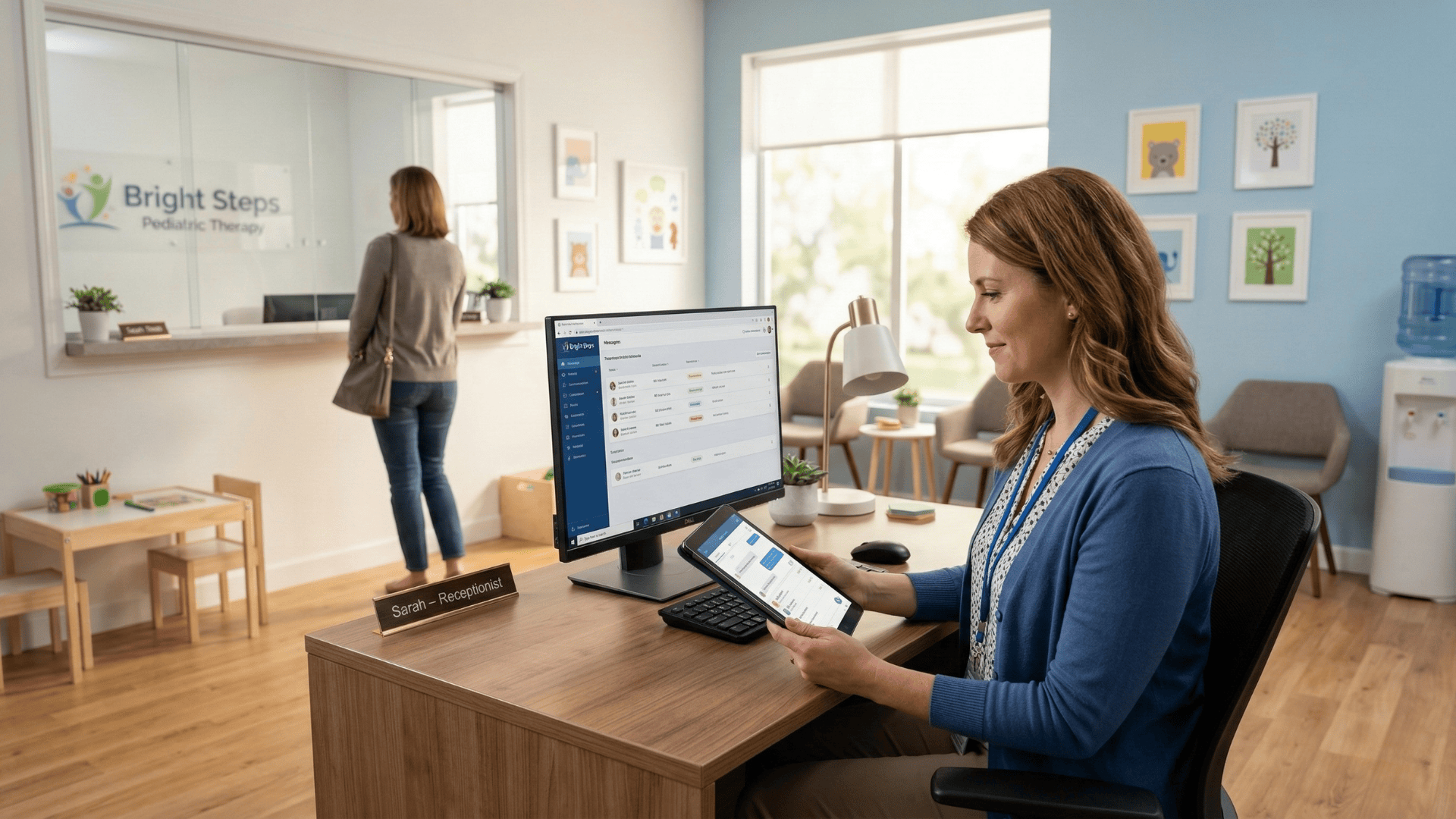 Front desk staff sending mass SMS closure alert via Curogram at pediatric therapy clinic