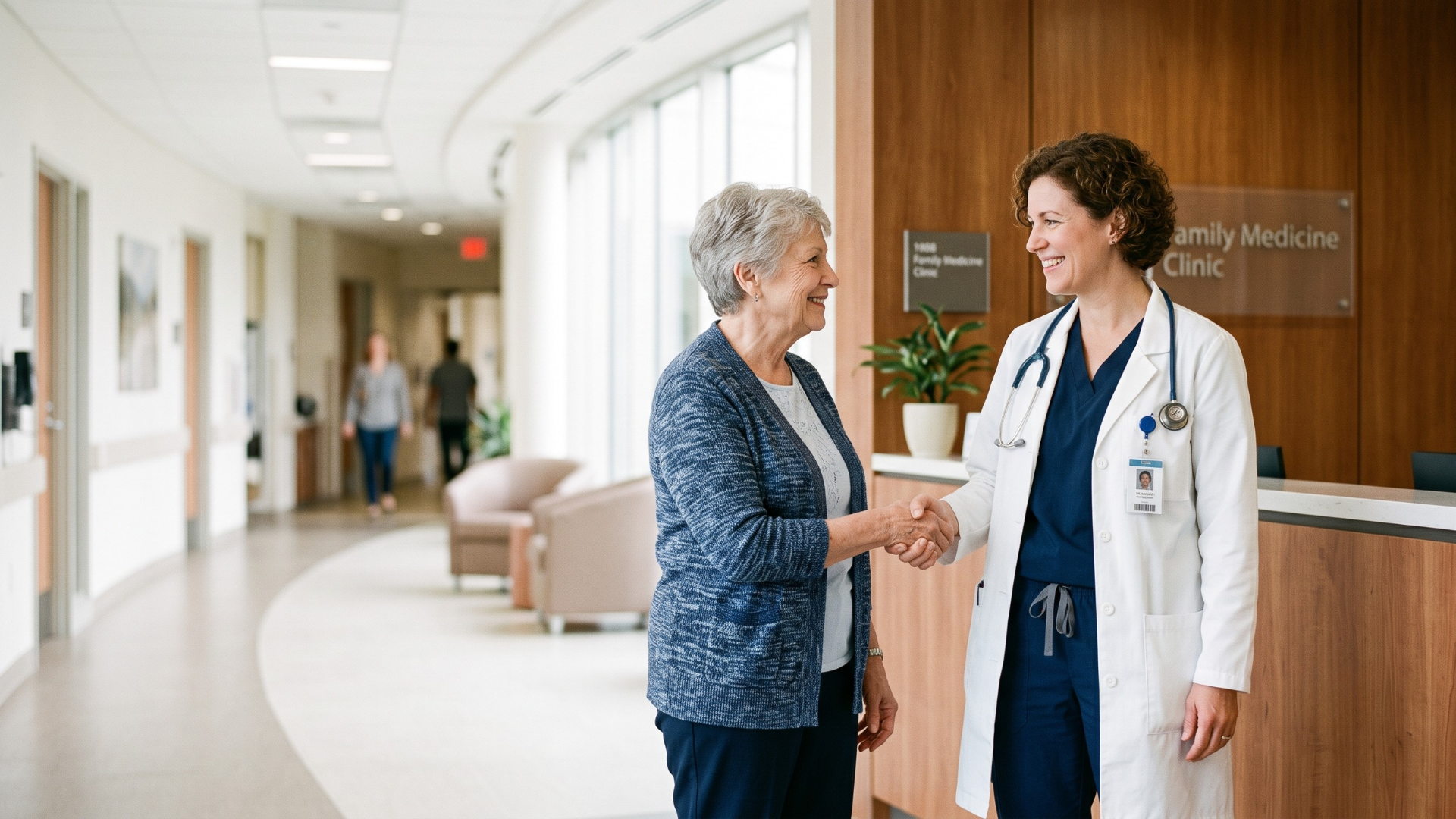 Patient and care provider sharing a friendly handshake in a bright clinic