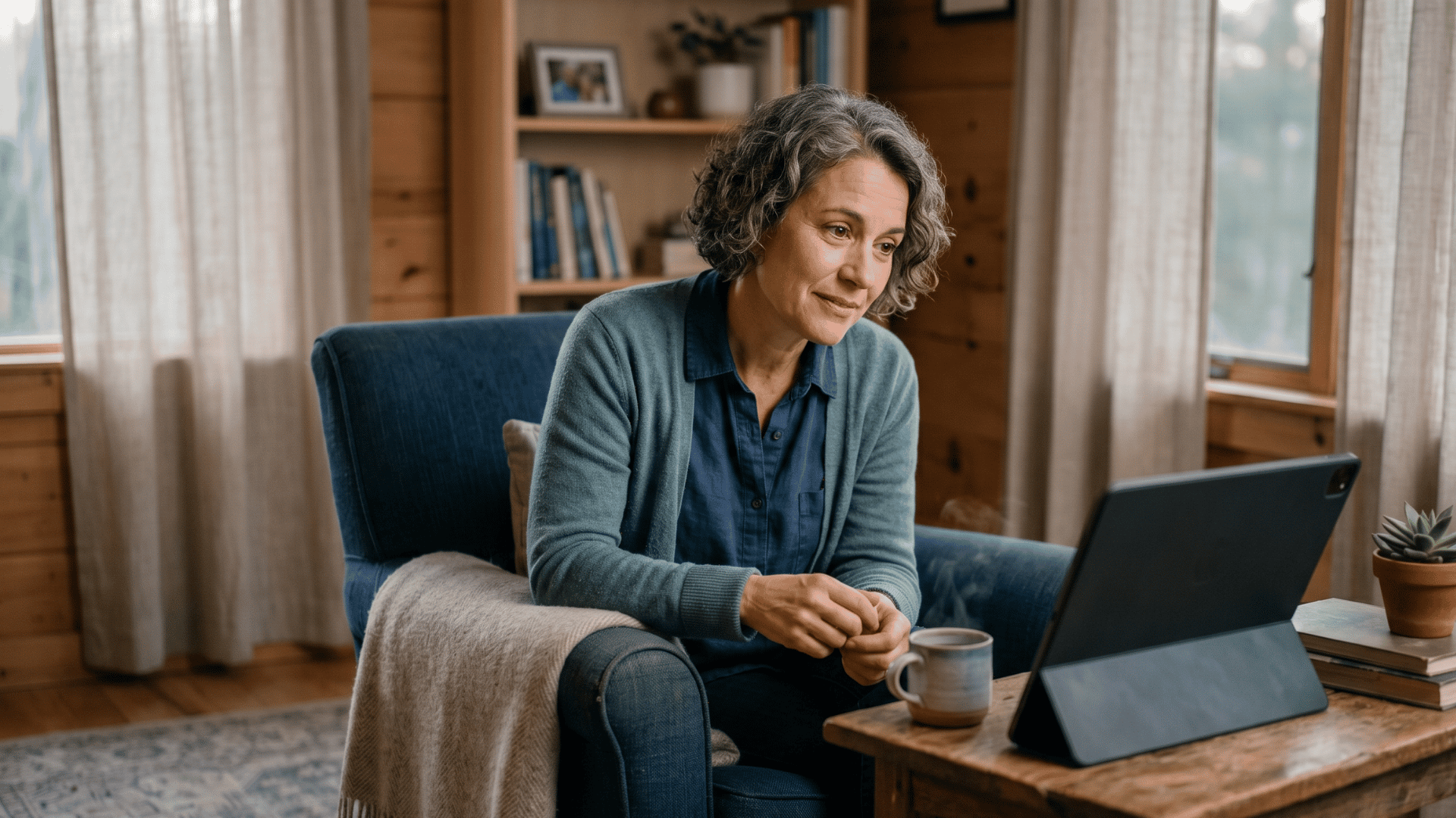 Therapist listening attentively during a ketamine integration therapy video session